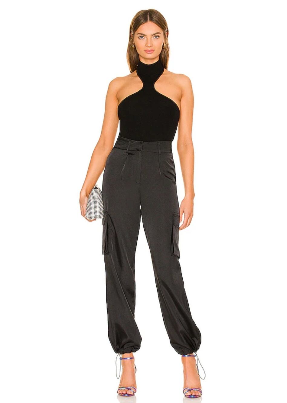 Superdown Seleste Drawstring Jogger Cargo Pants Black Size XS Y2K Satin Pants